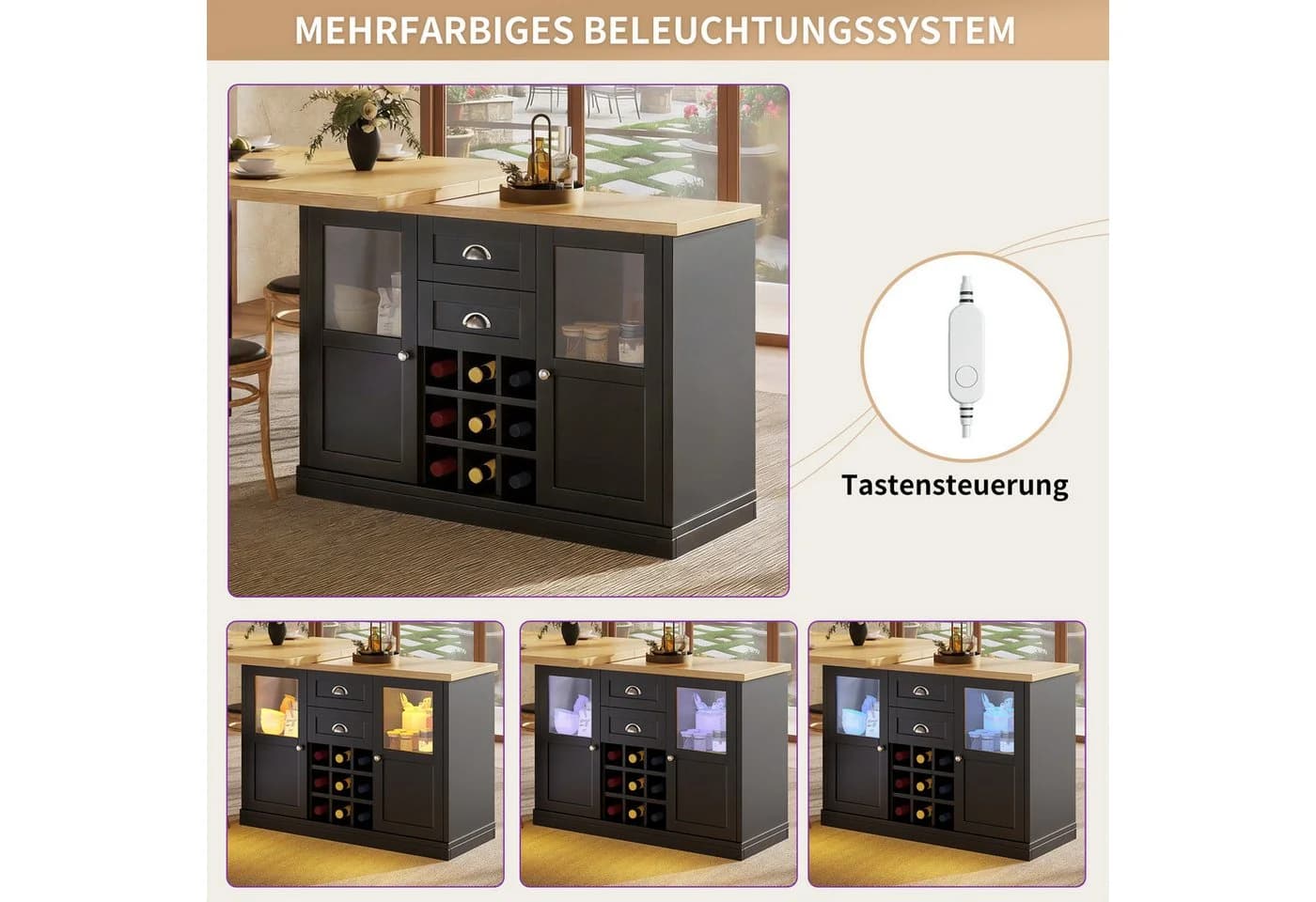i@home Ausziehbarer Bartisch mit LED, 360° drehbar, Stauraum & Weinregal - Bild 4