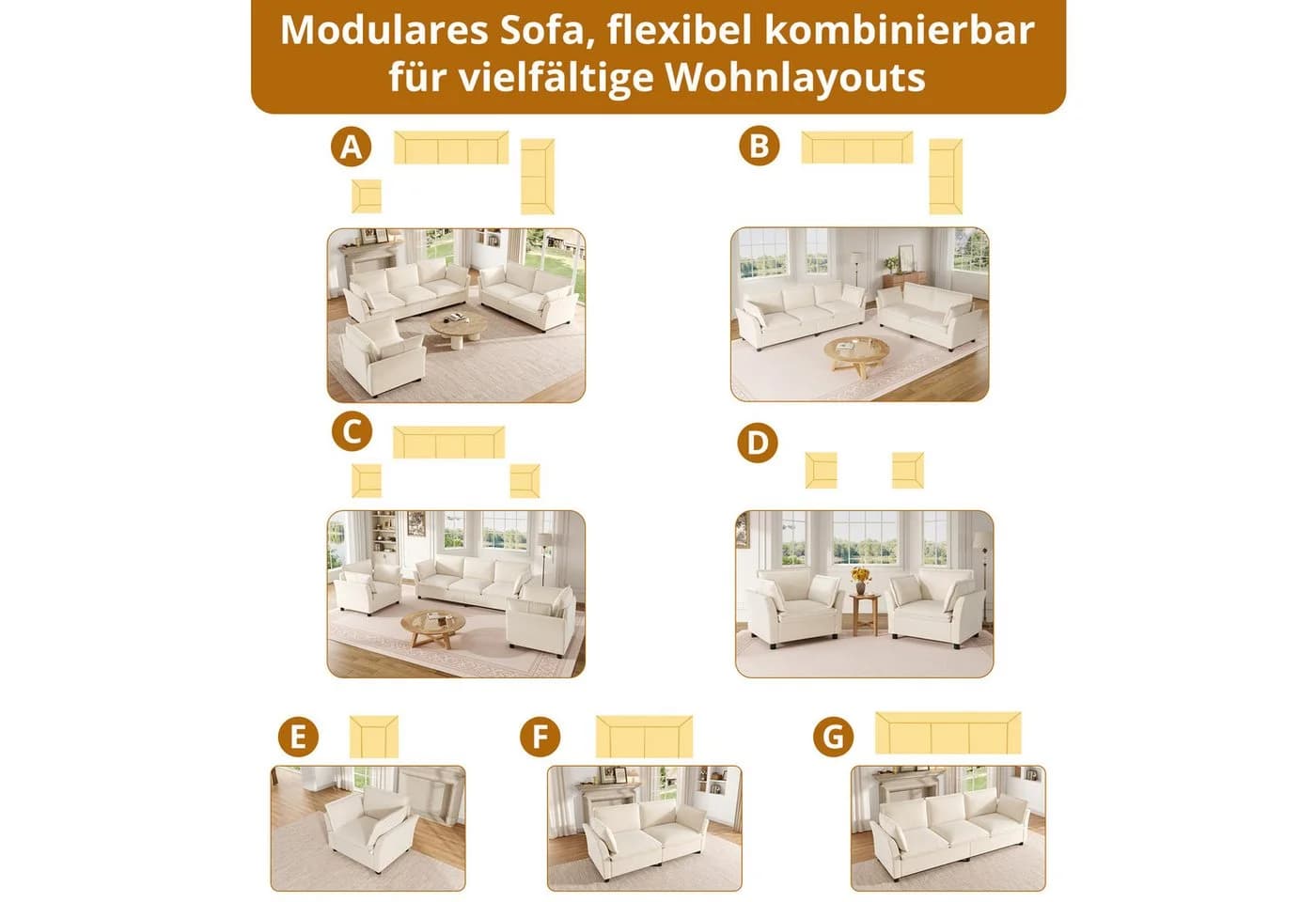 i@home Modulares Sofa-Set 3-Sitzer + 2-Sitzer Chenille Beige Modern