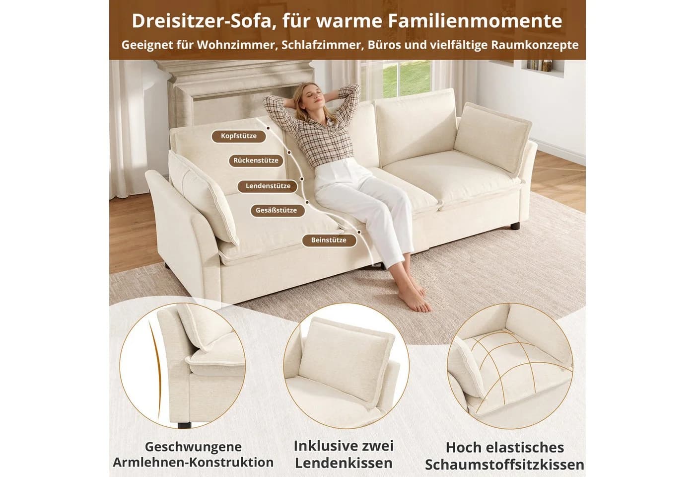 i@home Modulares Sofa-Set 3-Sitzer + 2-Sitzer Chenille Beige Modern - Bild 3