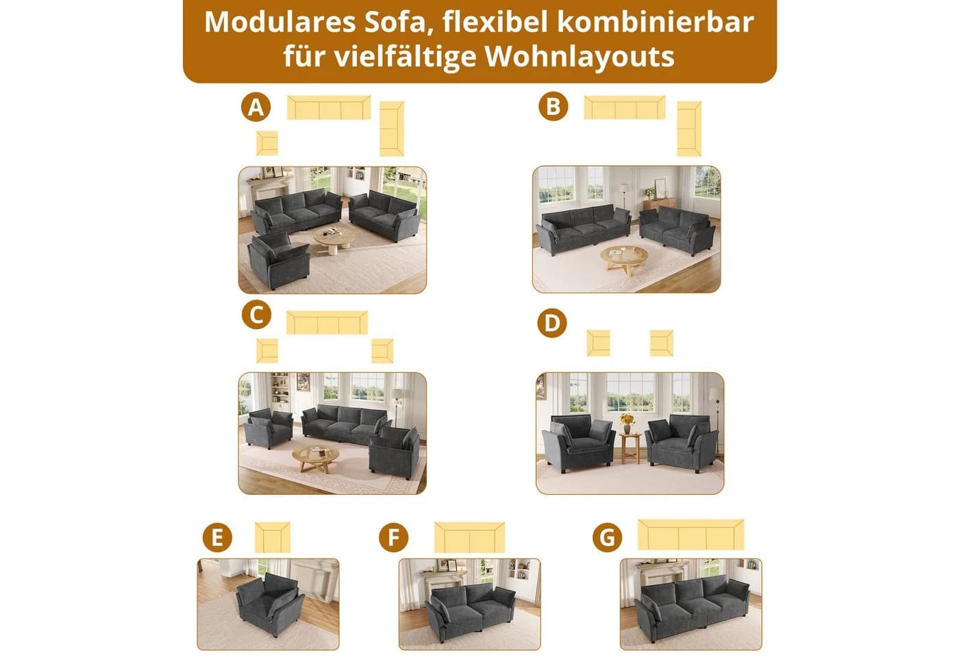 i@home Modulares Sofa-Set 3-2-1 Grau Chenille Modern