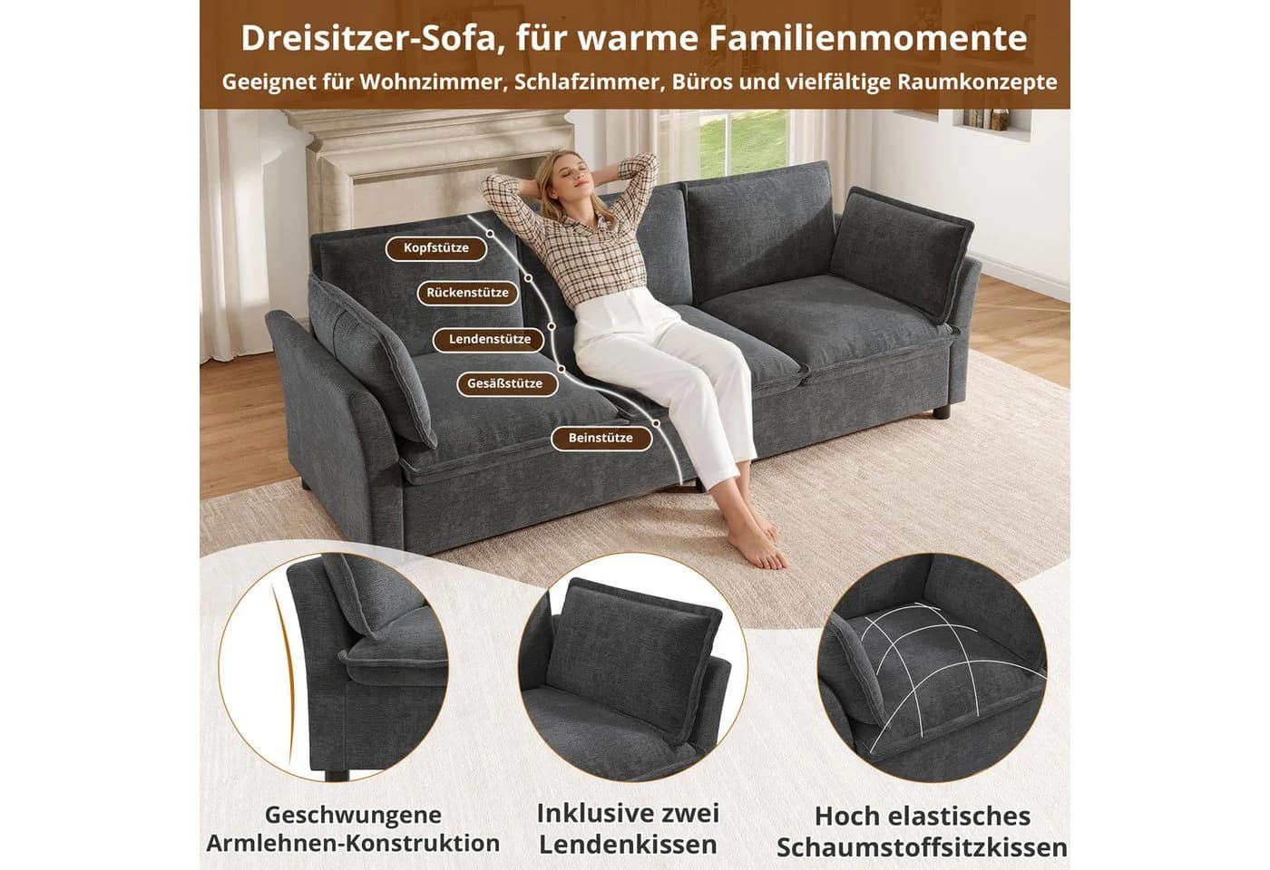 i@home Modulares Sofa-Set 3-2-1 Grau Chenille Modern - Bild 4