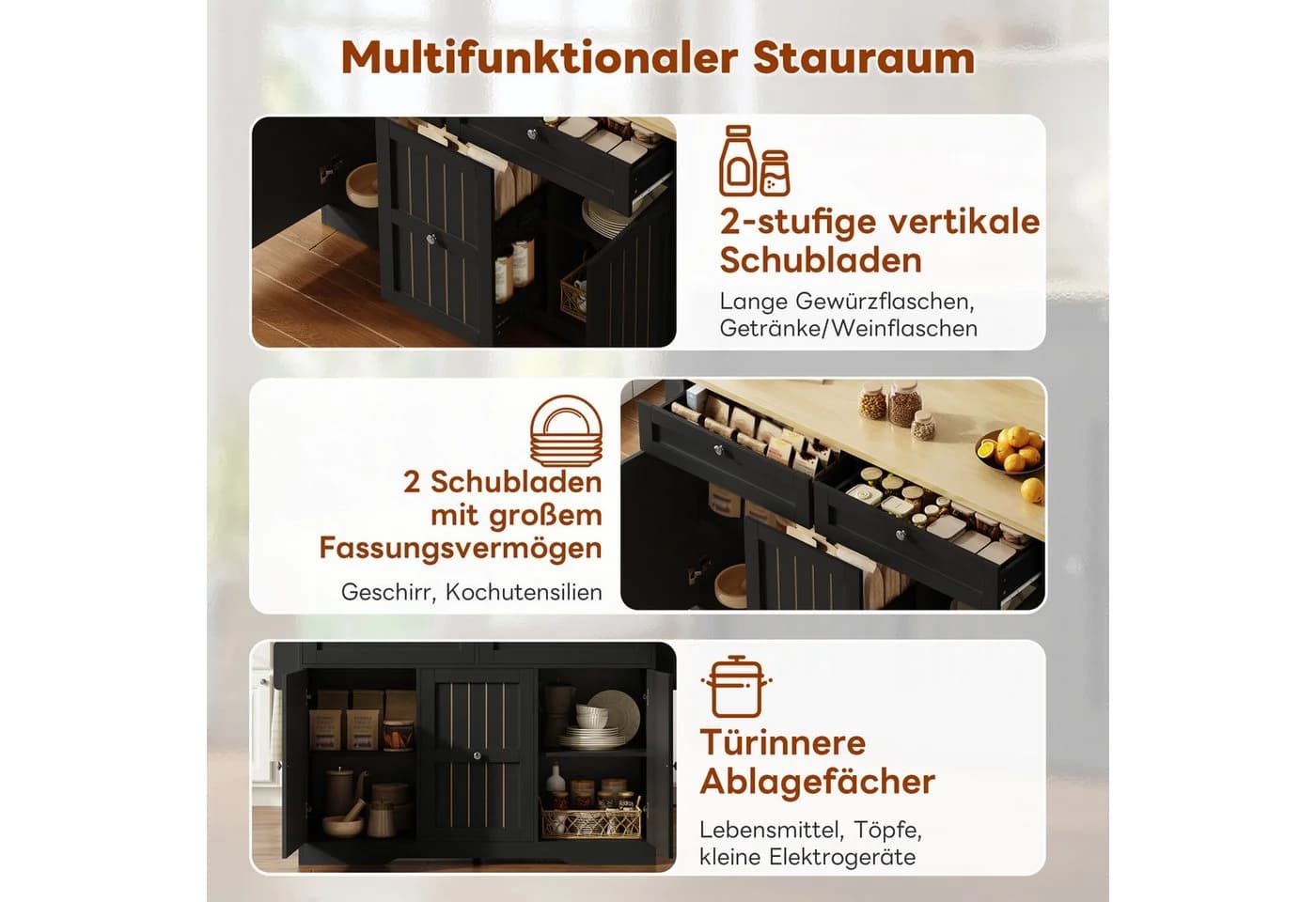 i@home Mobile Kücheninsel mit ausklappbarer Arbeitsplatte, Schubladen & Rollen - Bild 3