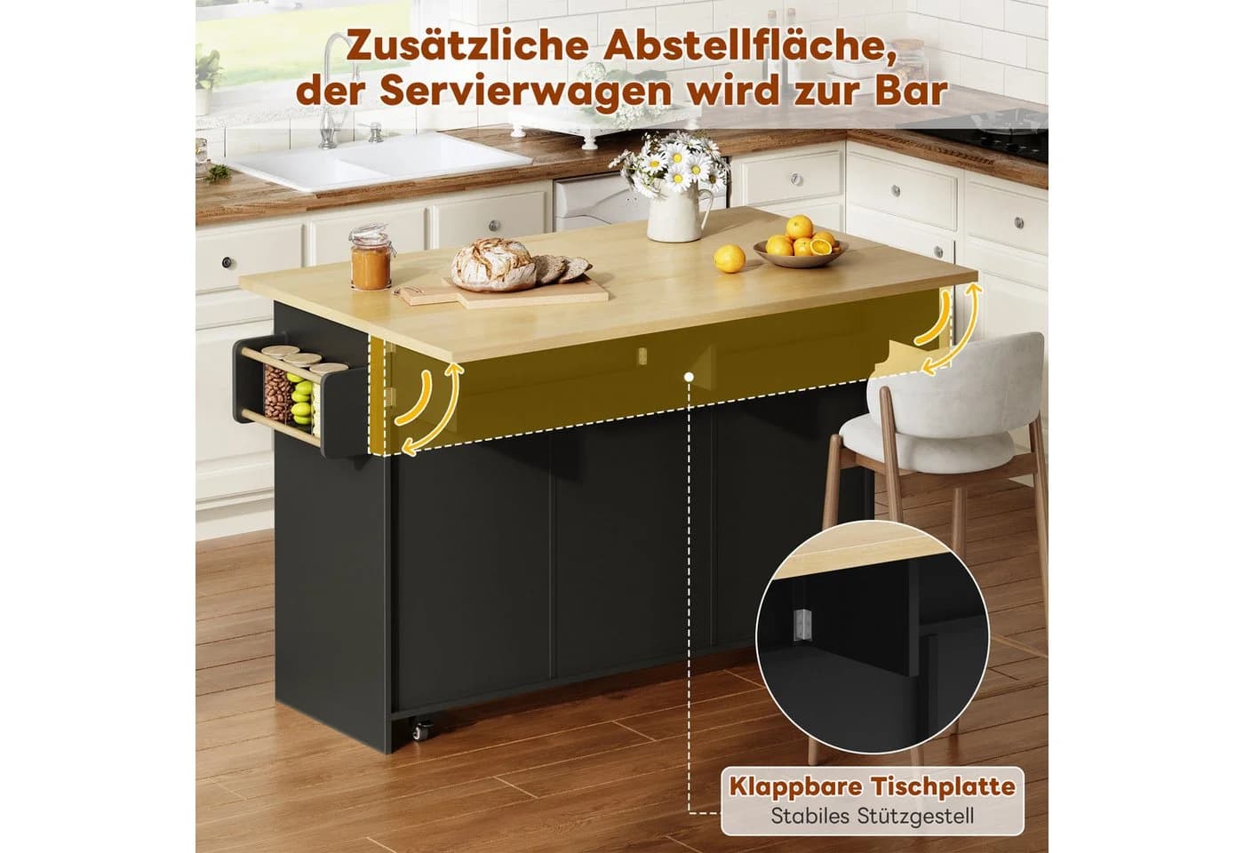 i@home Mobile Kücheninsel mit ausklappbarer Arbeitsplatte, Schubladen & Rollen - Bild 5
