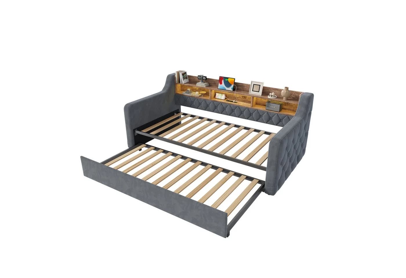 i@home Schlafsofa Ausziehbar mit Stauraum-Kopfteil Grau/Beige
