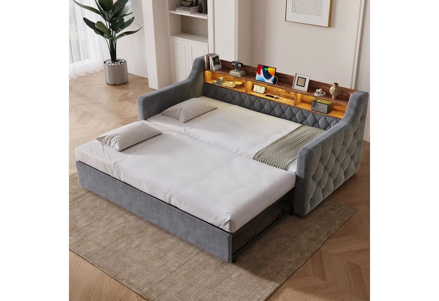 i@home Schlafsofa Ausziehbar mit Stauraum-Kopfteil Grau/Beige - Bild 2