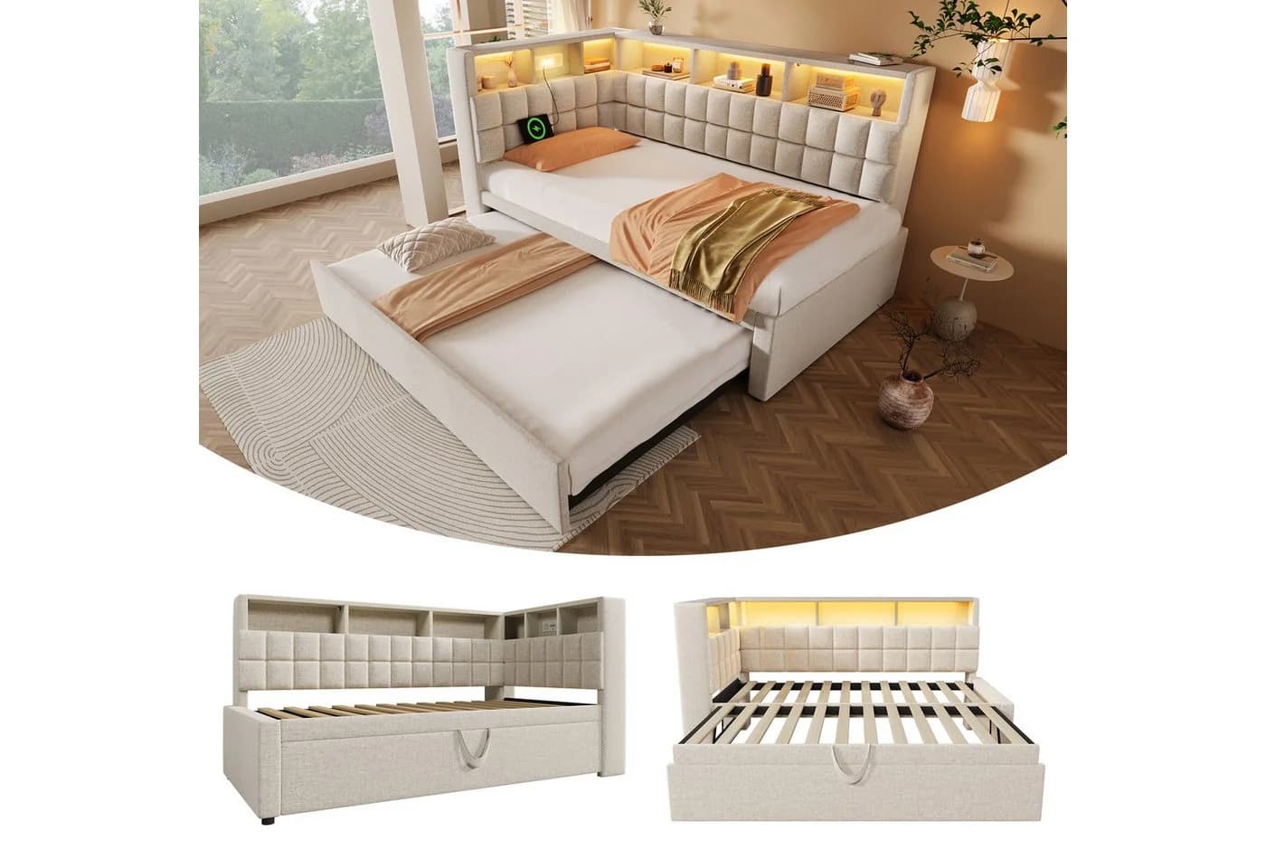 i@home Polsterbett 90x200 mit Ausziehbett, LED & Bluetooth, Leinen - Bild 2