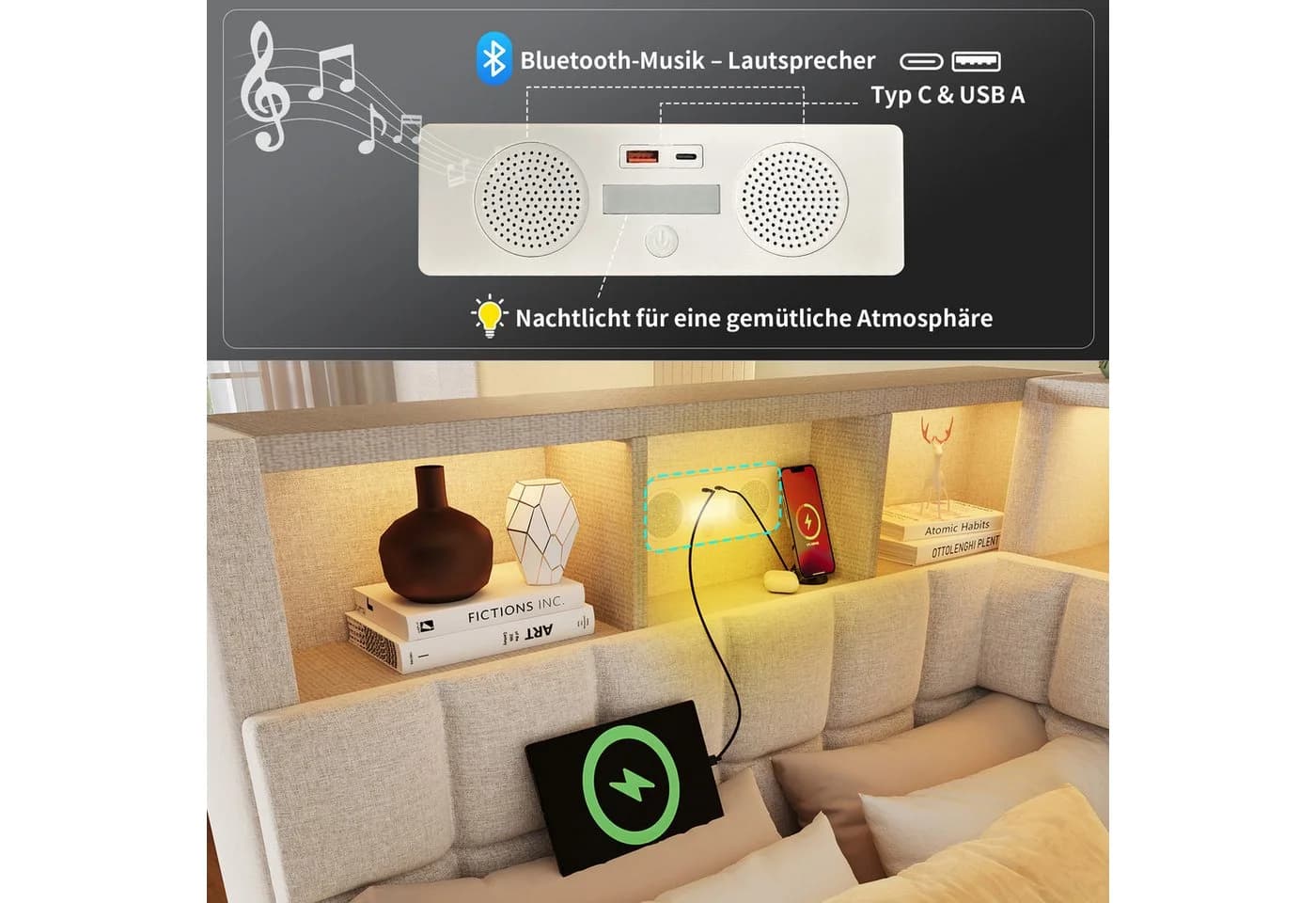 i@home Polsterbett 90x200 mit Ausziehbett, LED & Bluetooth, Leinen - Bild 3