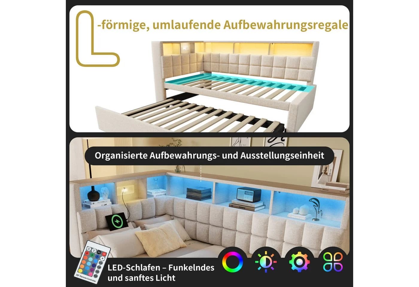i@home Polsterbett 90x200 mit Ausziehbett, LED & Bluetooth, Leinen - Bild 4