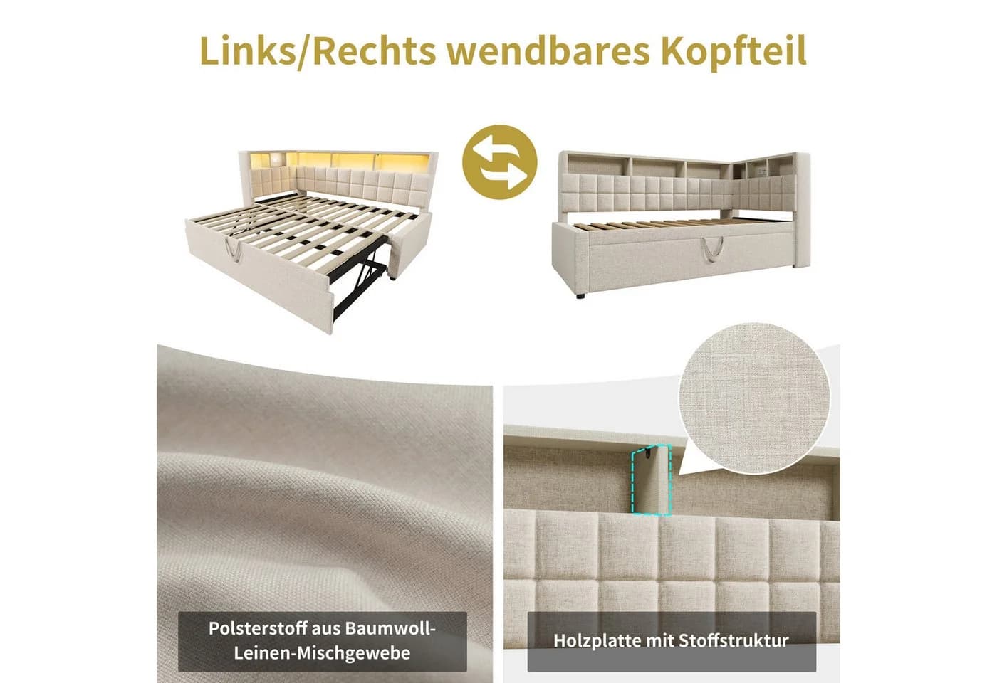 i@home Polsterbett 90x200 mit Ausziehbett, LED & Bluetooth, Leinen - Bild 5