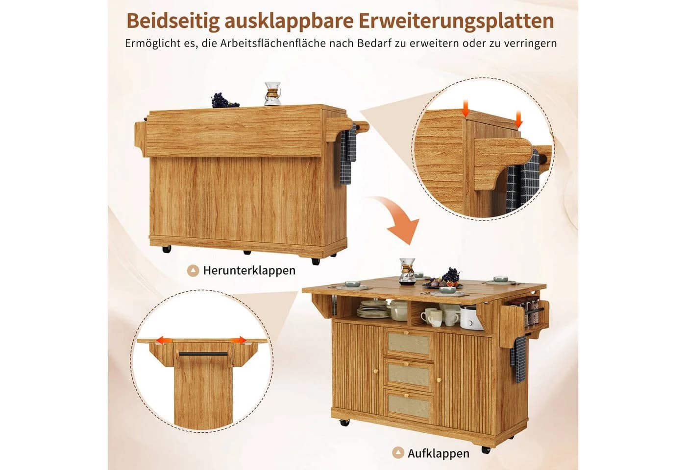 i@home Kücheninsel mit Rattan und ausklappbaren Seiten - Bild 5