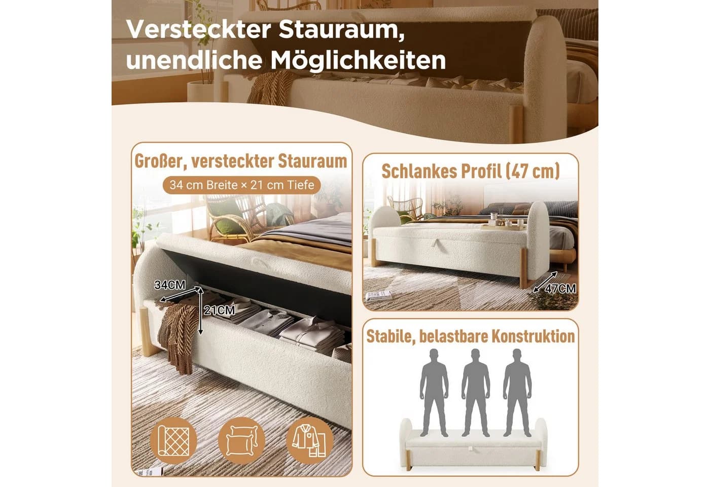 i@home Bettbank mit Stauraum Chenille-Bouclé Beige - Bild 5