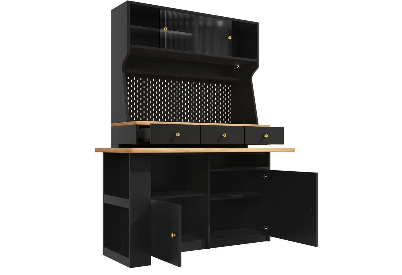 i@home Eckschreibtisch Hochschrank Schwarz mit LED und ausziehbarer Tischplatte
