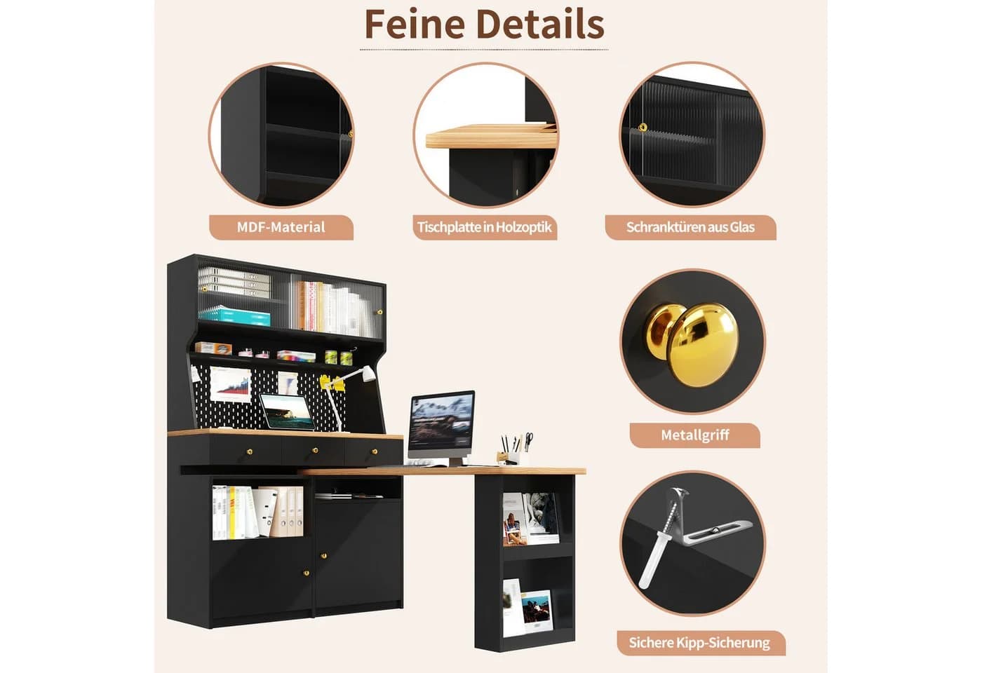 i@home Eckschreibtisch Hochschrank Schwarz mit LED und ausziehbarer Tischplatte - Bild 3