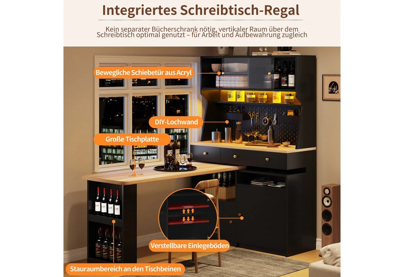 i@home Eckschreibtisch Hochschrank Schwarz mit LED und ausziehbarer Tischplatte - Bild 5