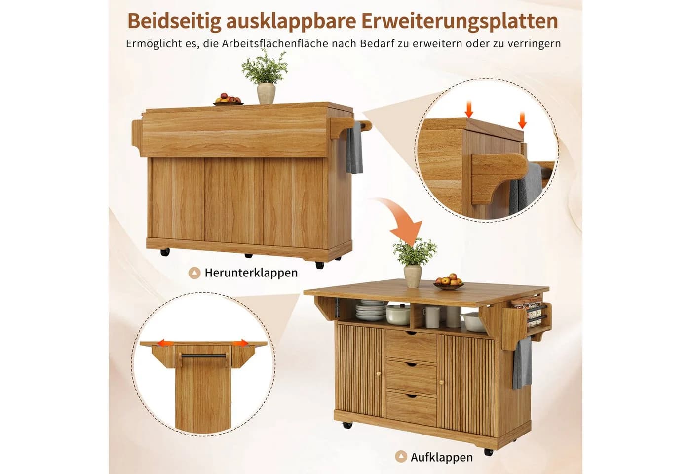 i@home Kücheninsel Braun mit ausklappbaren Platten & Rollen - Bild 4