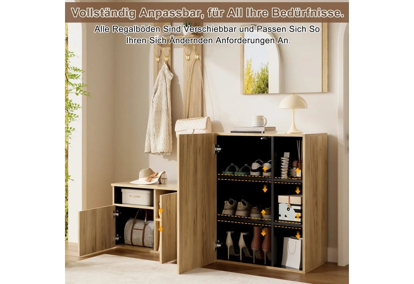 i@home Garderobenschrank 4-in-1 mit Spiegel, Haken & Schuhbank Holzoptik