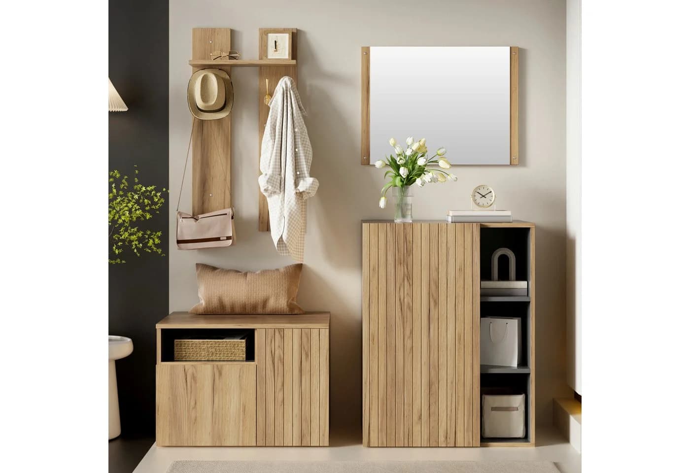 i@home Garderobenschrank 4-in-1 mit Spiegel, Haken & Schuhbank Holzoptik - Bild 2