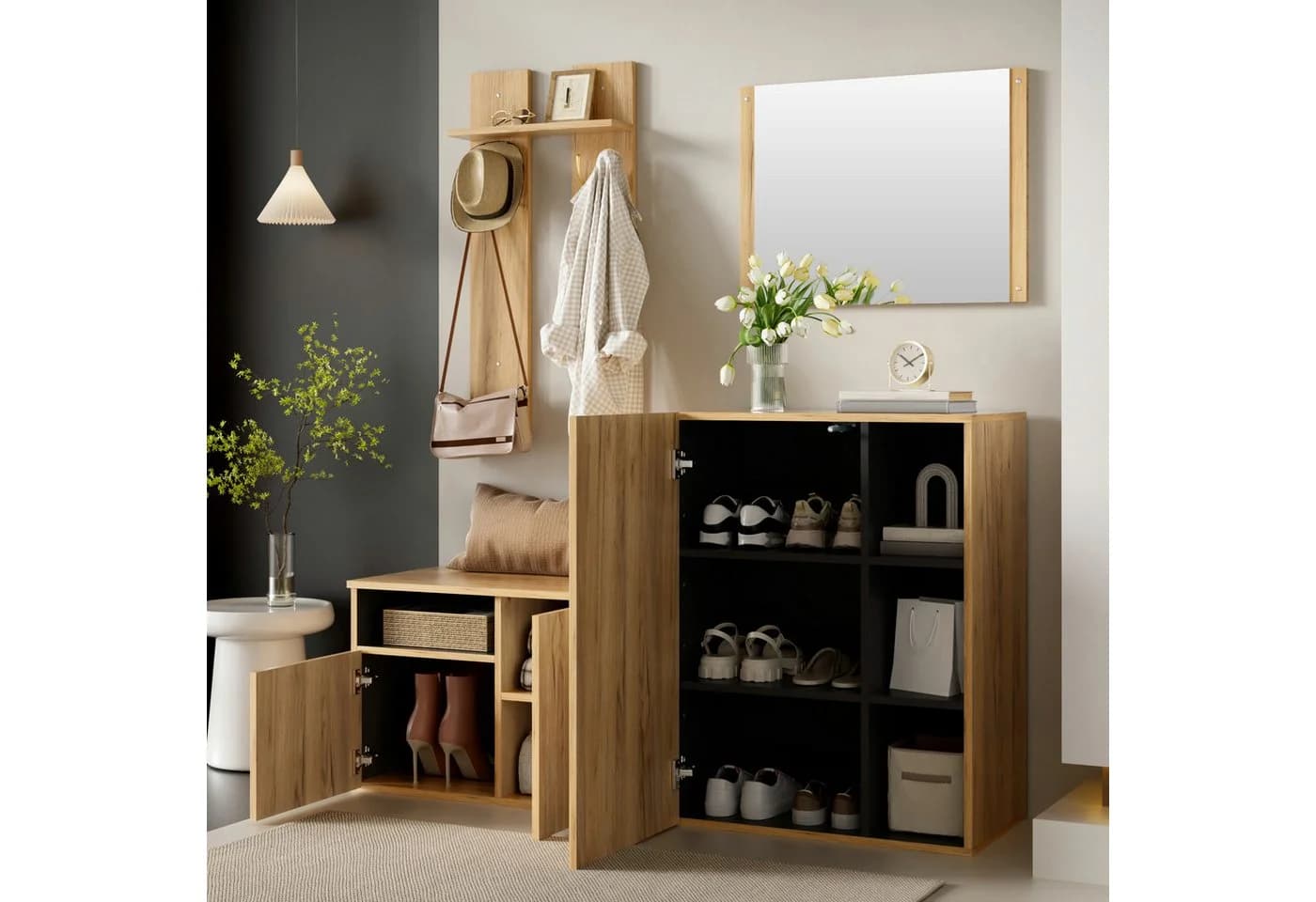 i@home Garderobenschrank 4-in-1 mit Spiegel, Haken & Schuhbank Holzoptik - Bild 3