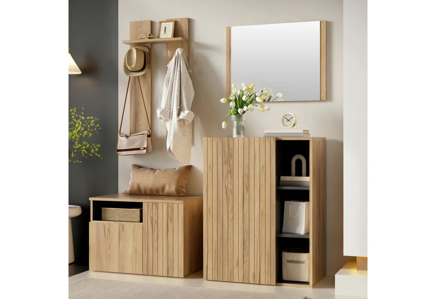 i@home Garderobenschrank 4-in-1 mit Spiegel, Haken & Schuhbank Holzoptik - Bild 4