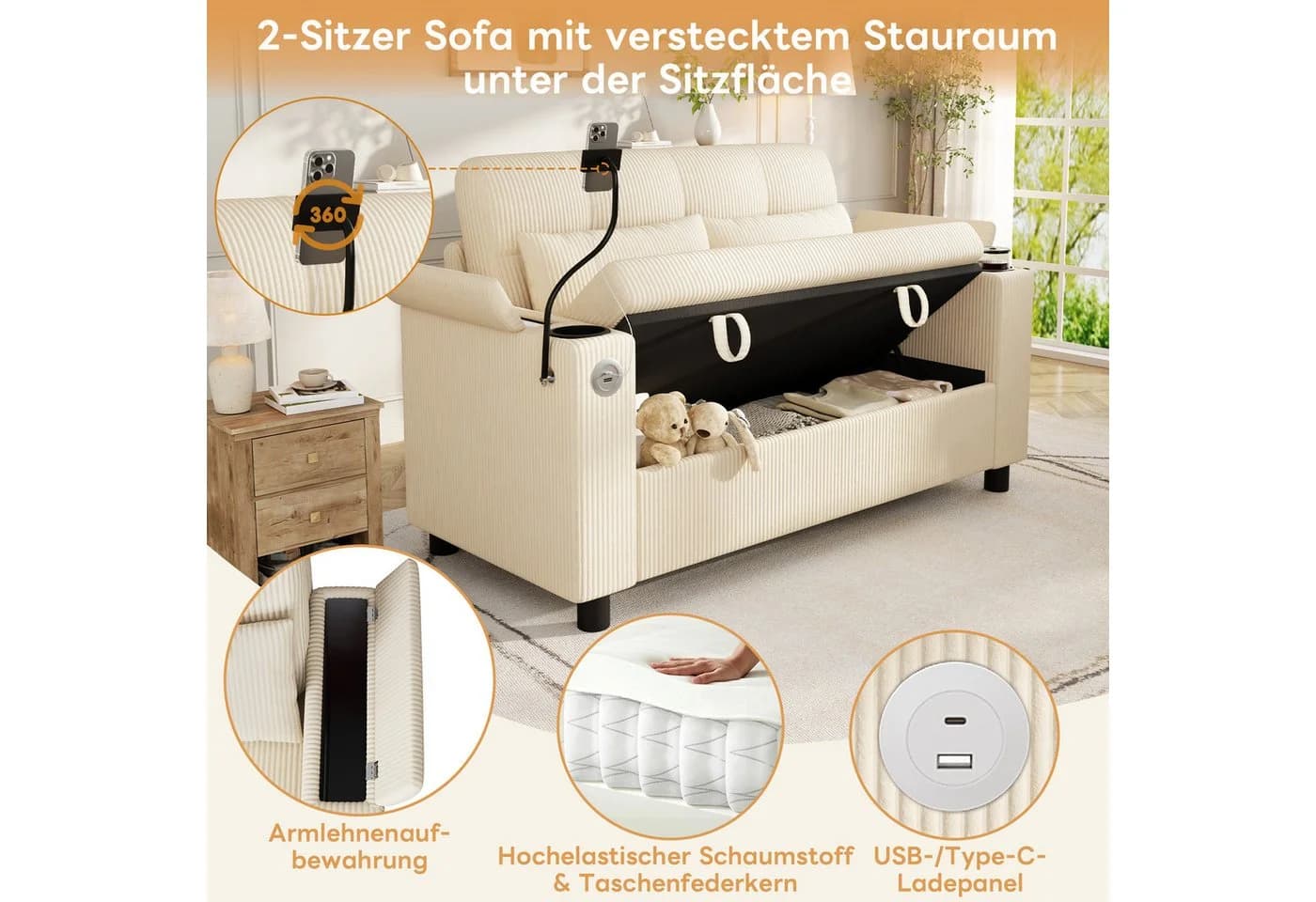 i@home 2-Sitzer Sofa Beige Cordstoff mit USB-Laden & Stauraum