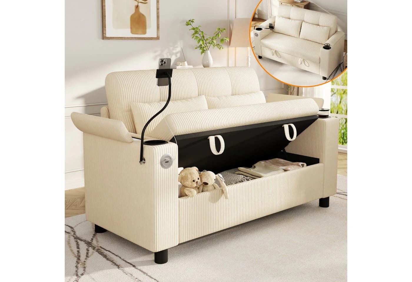 i@home 2-Sitzer Sofa Beige Cordstoff mit USB-Laden & Stauraum - Bild 2