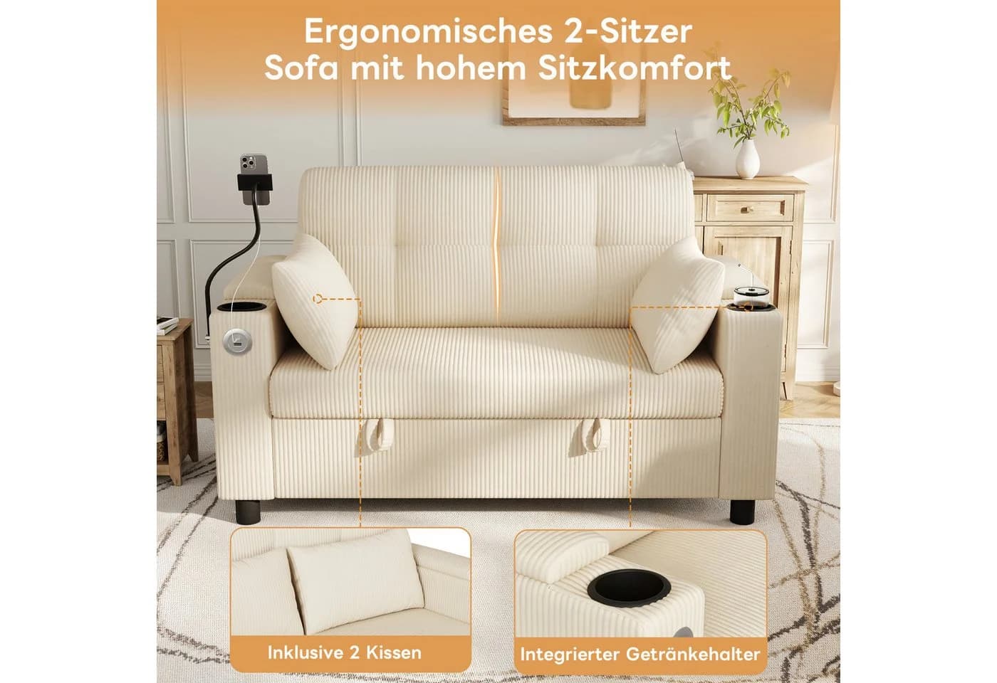 i@home 2-Sitzer Sofa Beige Cordstoff mit USB-Laden & Stauraum - Bild 3