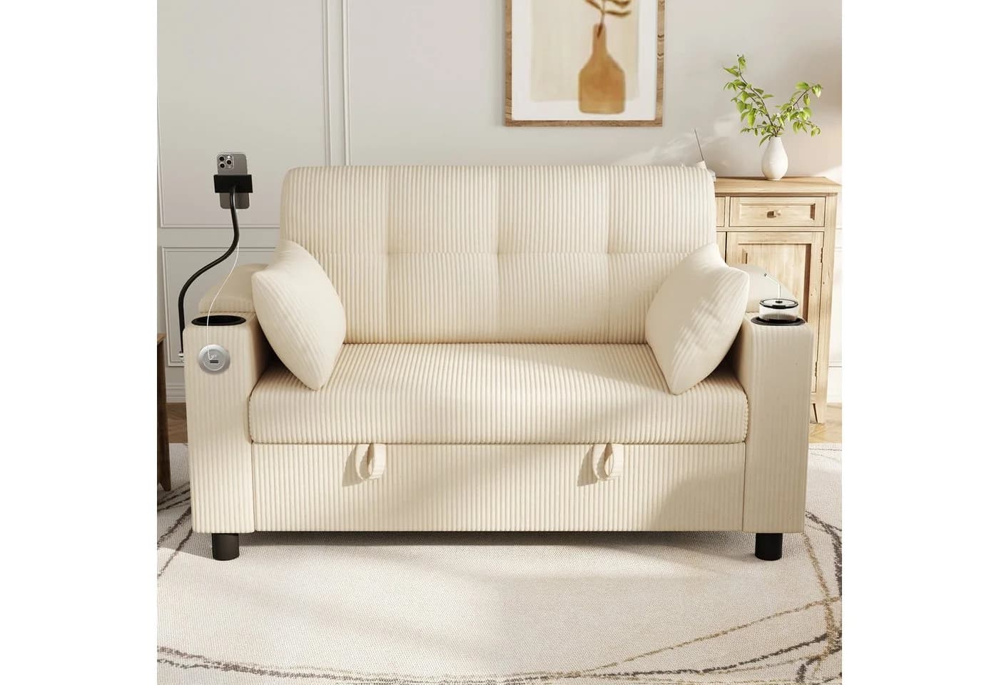 i@home 2-Sitzer Sofa Beige Cordstoff mit USB-Laden & Stauraum - Bild 4