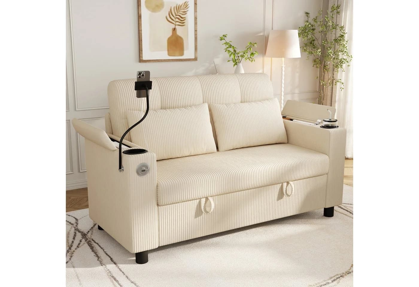 i@home 2-Sitzer Sofa Beige Cordstoff mit USB-Laden & Stauraum - Bild 5