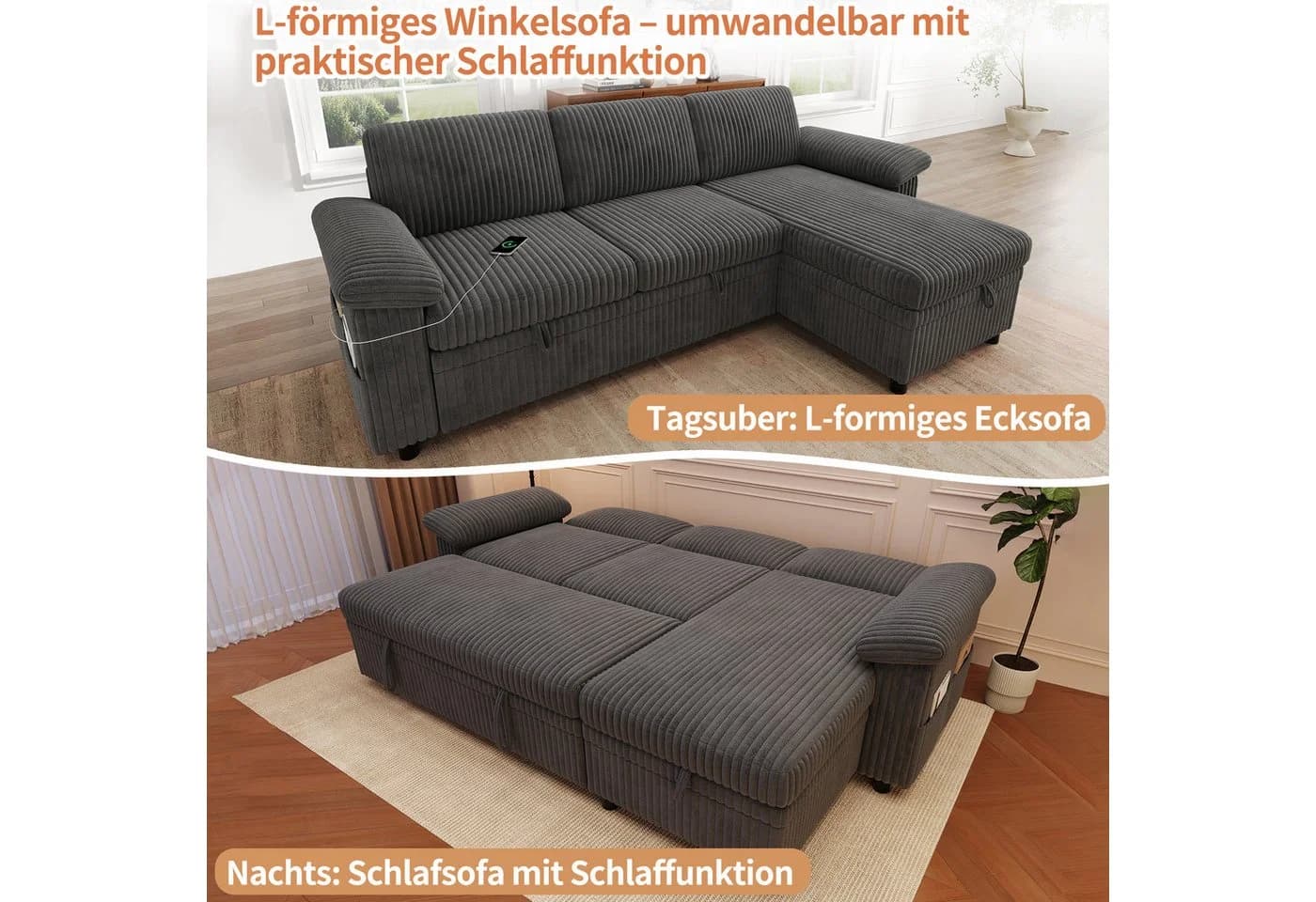 i@home Ecksofa L-förmig mit Schlaffunktion und USB-Anschluss Grau