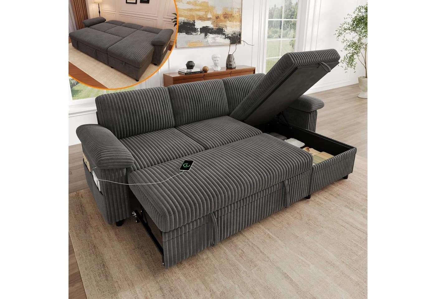 i@home Ecksofa L-förmig mit Schlaffunktion und USB-Anschluss Grau - Bild 2