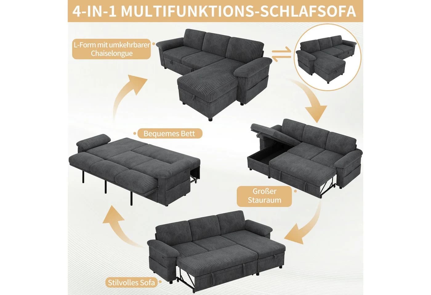 i@home Ecksofa L-förmig mit Schlaffunktion und USB-Anschluss Grau - Bild 3