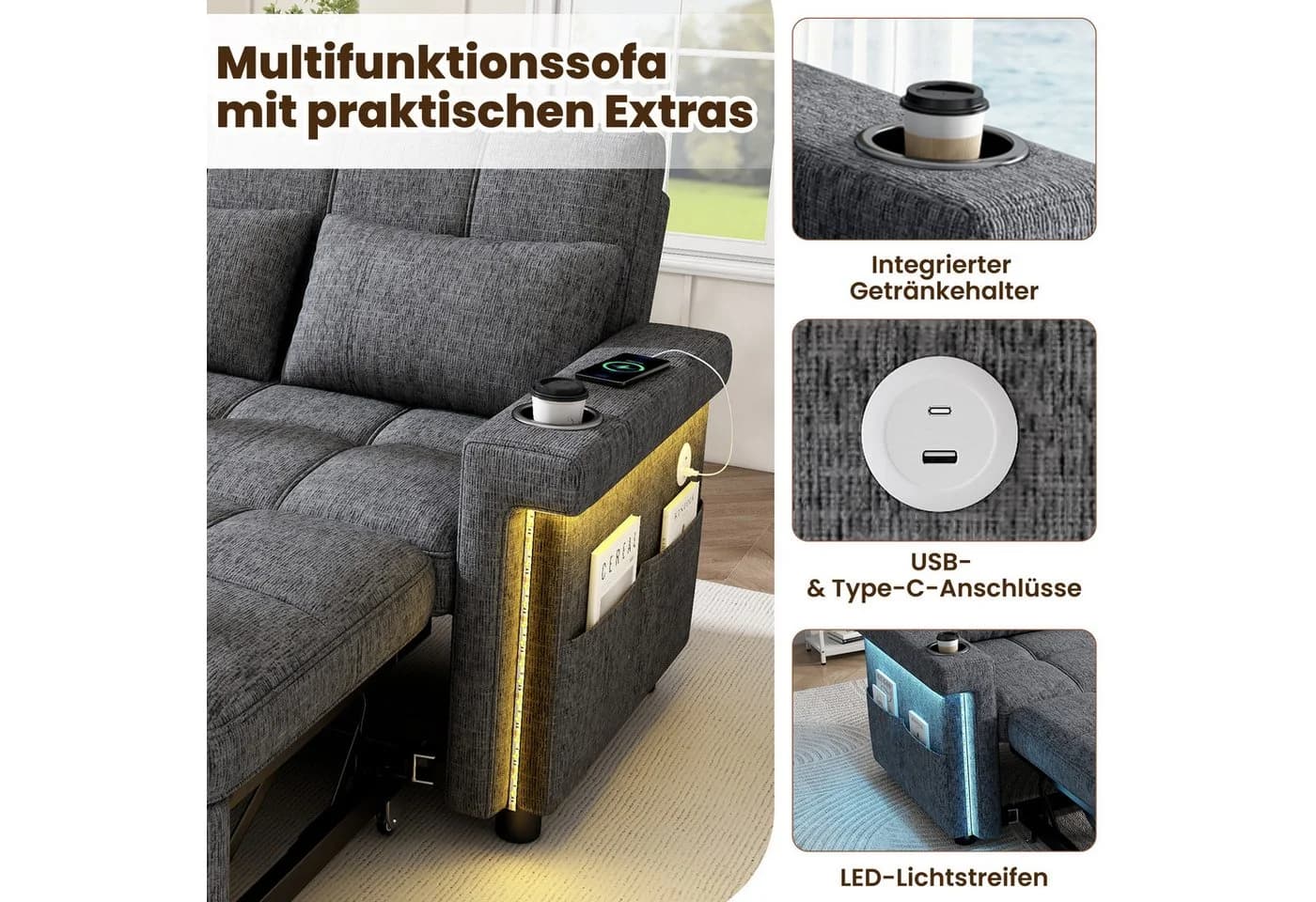 i@home 2-Sitzer Schlafsofa Grau mit LED-Beleuchtung und USB-Anschluss