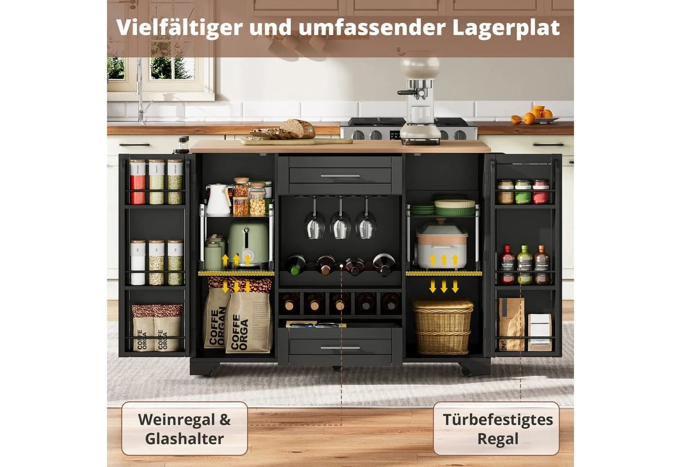 i@home Kücheninsel auf Rollen mit klappbarer Arbeitsplatte & Weinregal - Bild 5