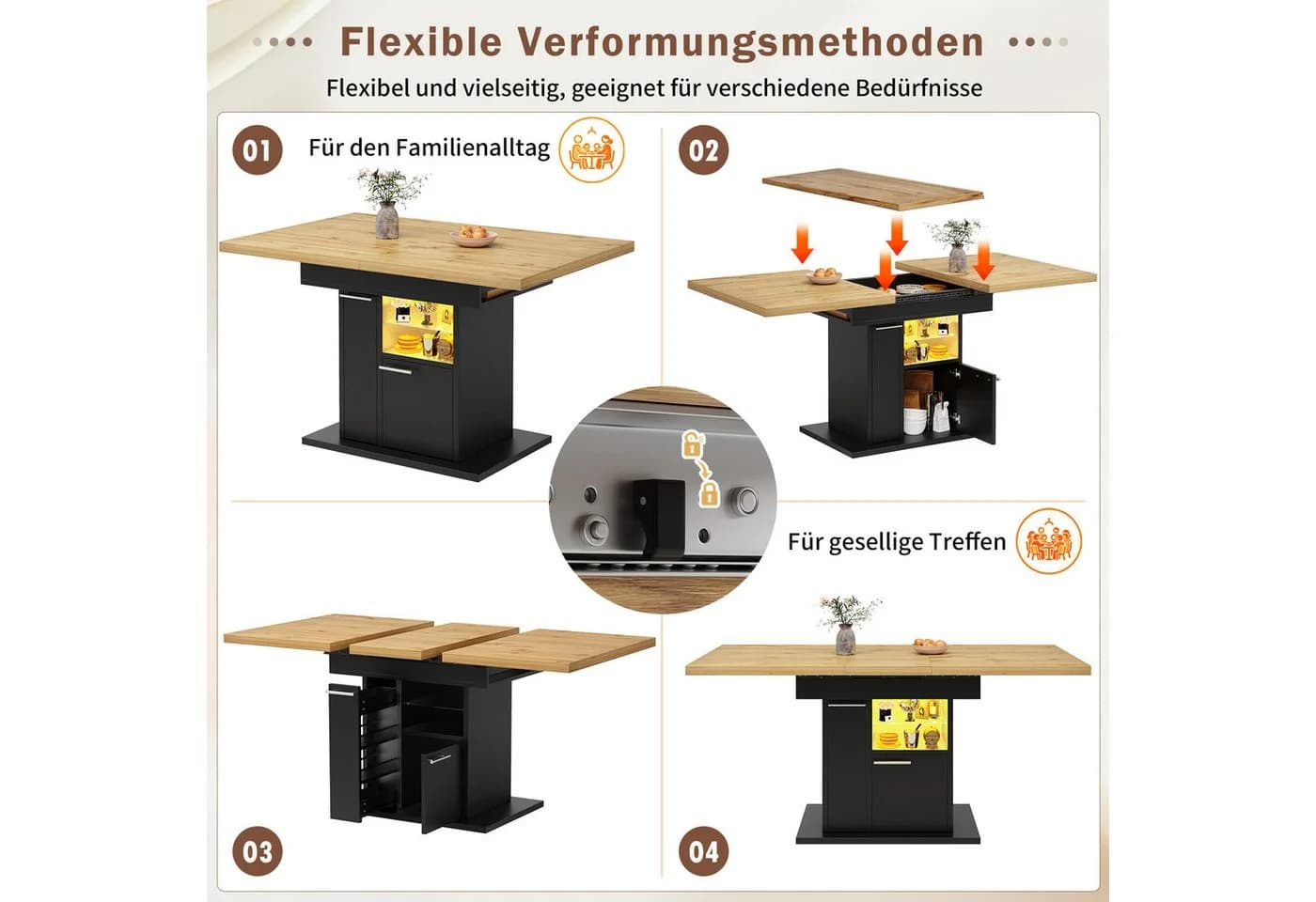 i@home Ausziehbarer Esstisch mit LED & Stauraum Schwarz - Bild 3
