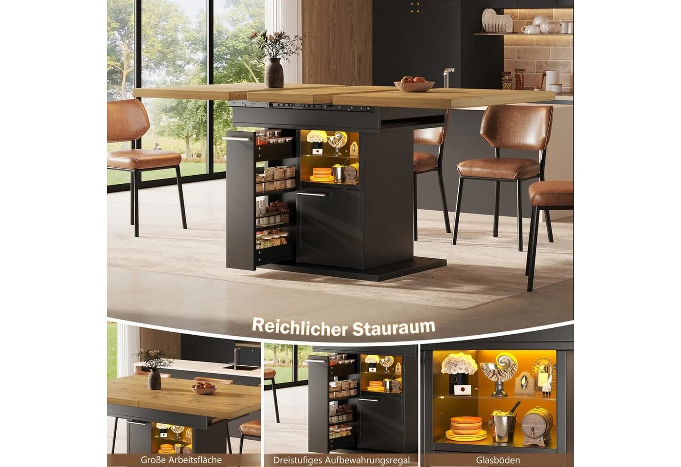 i@home Ausziehbarer Esstisch mit LED & Stauraum Schwarz - Bild 5