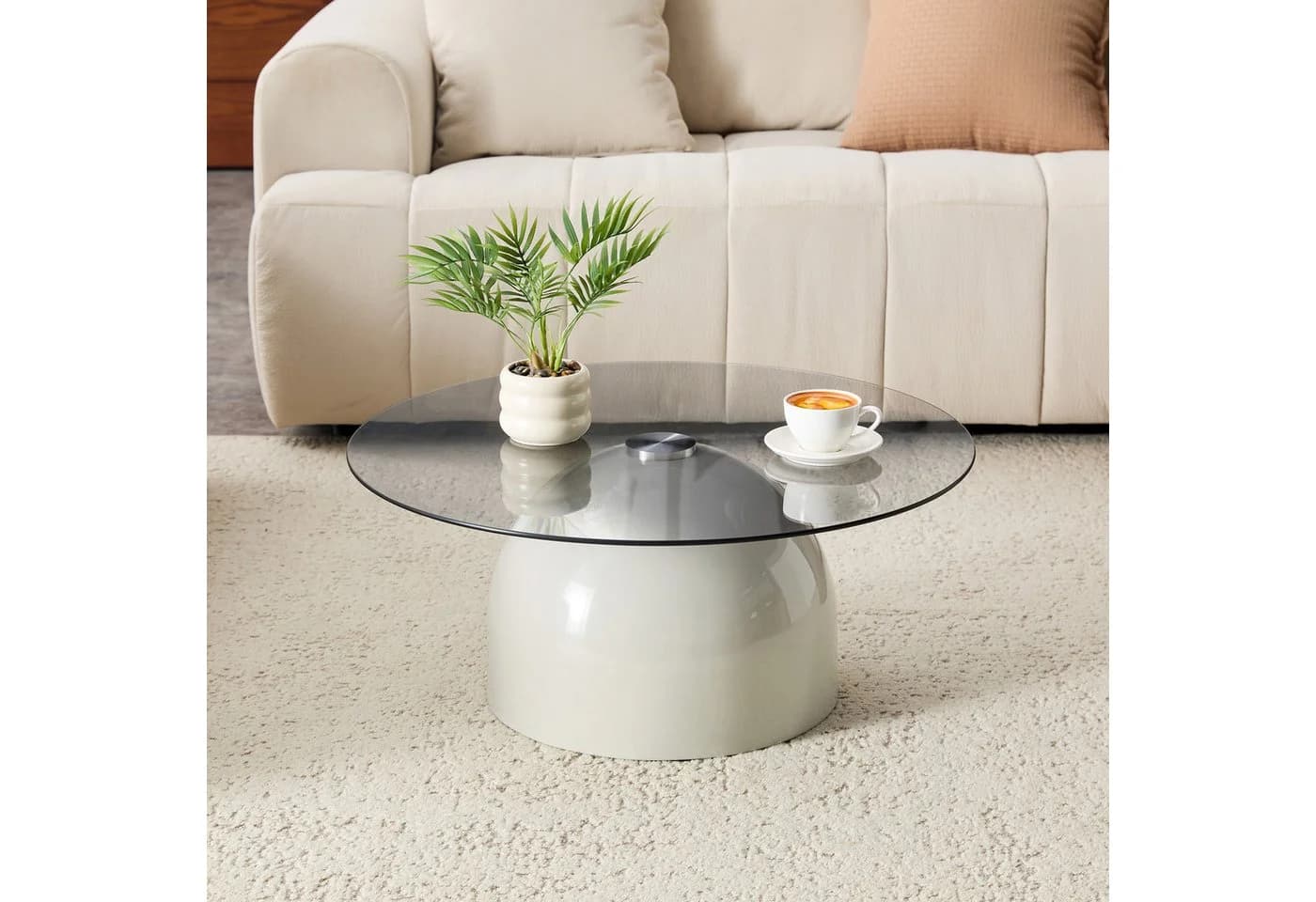 i@home Runder Glas-Couchtisch 70 cm Stahlsockel Modern Weiß/Grau