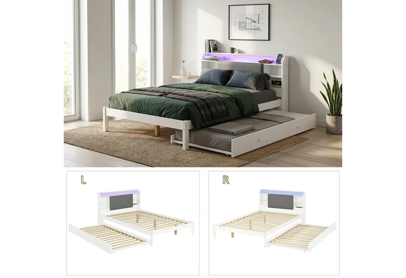 i@home Funktionsbett 120x200 cm mit Ausziehbett, weiß, LED & Ladestation - Bild 5