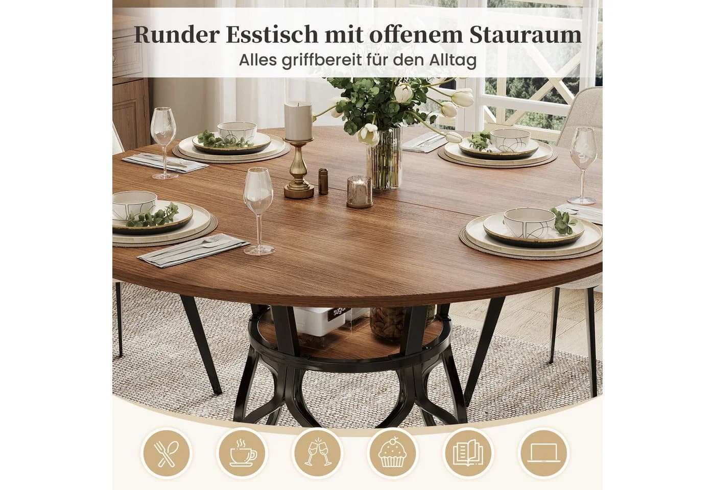 i@home Runder Esstisch 100 cm Walnussoptik mit Stauraum