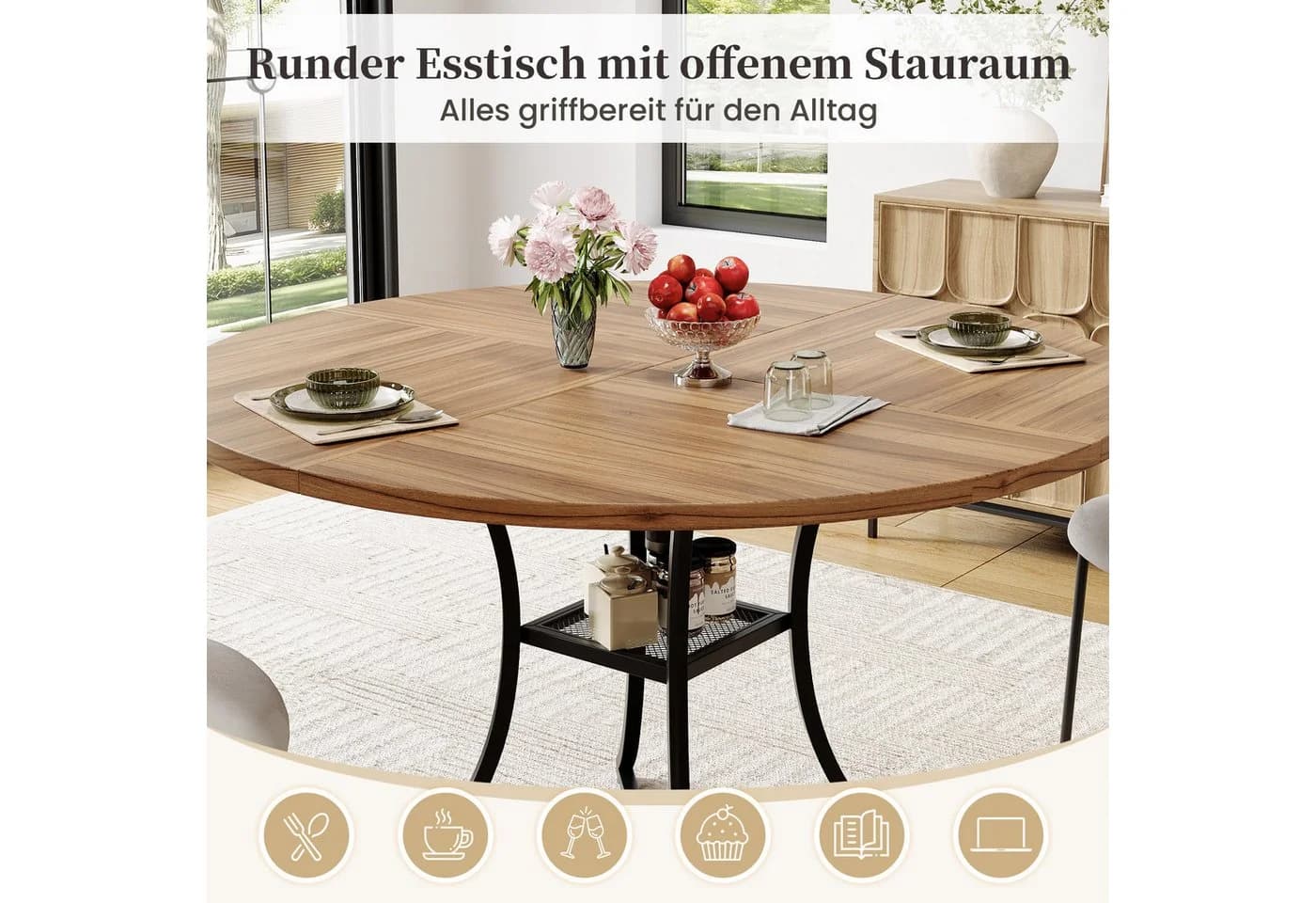 i@home Runder Esstisch Walnuss mit Stauraum & höhenverstellbaren Füßen