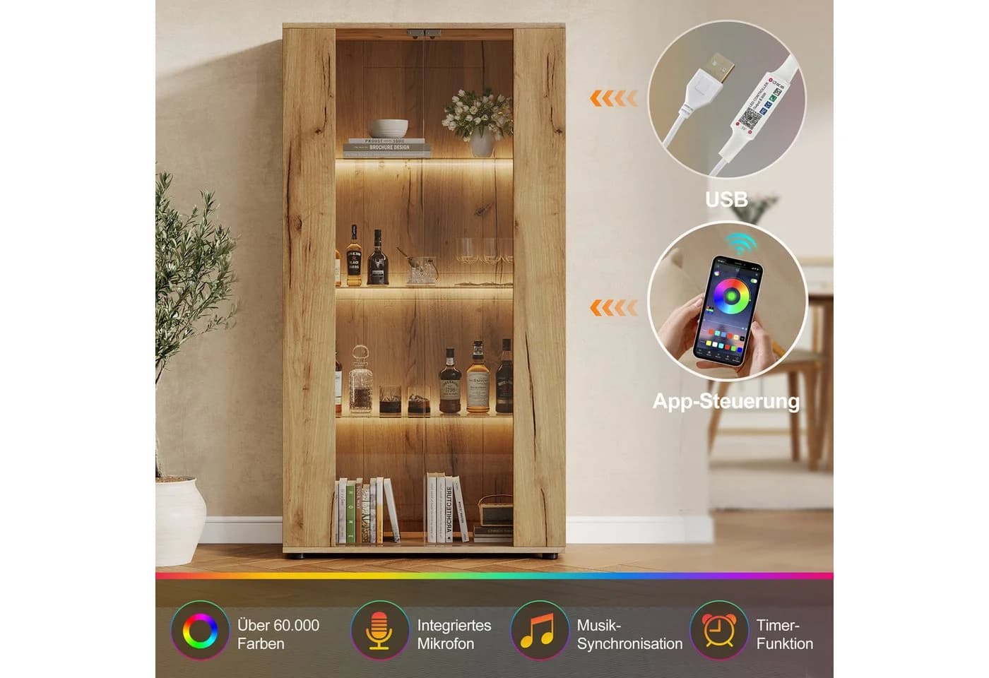 i@home Glasvitrine mit LED Beleuchtung und Glastüren Modern Weiß