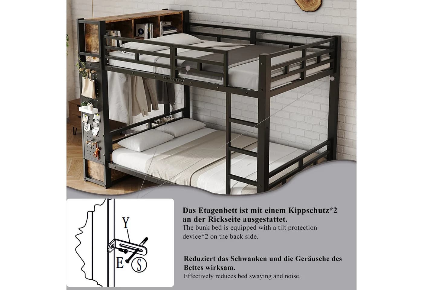 i@home Metall-Etagenbett Schwarz mit Stauraummodul und Lochwand