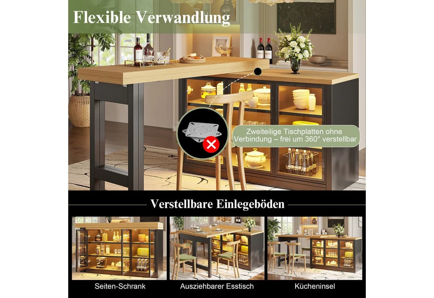 i@home Ausziehbarer Bartisch mit Seiten-Schrank & 360° Drehfunktion Schwarz - Bild 4