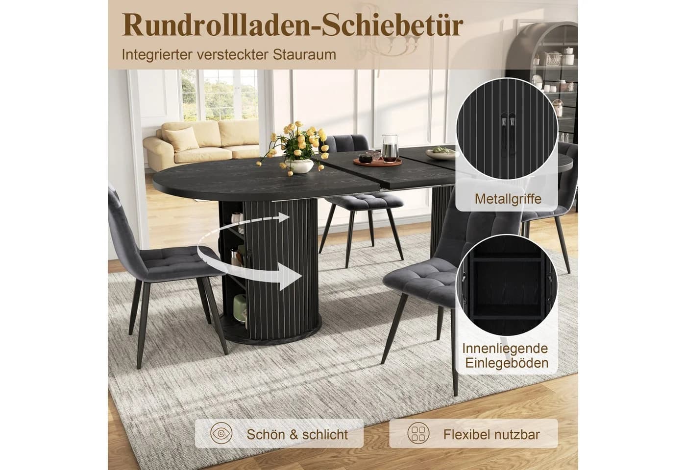 i@home Ausziehbarer Esstisch Modern Schwarz mit Staufach