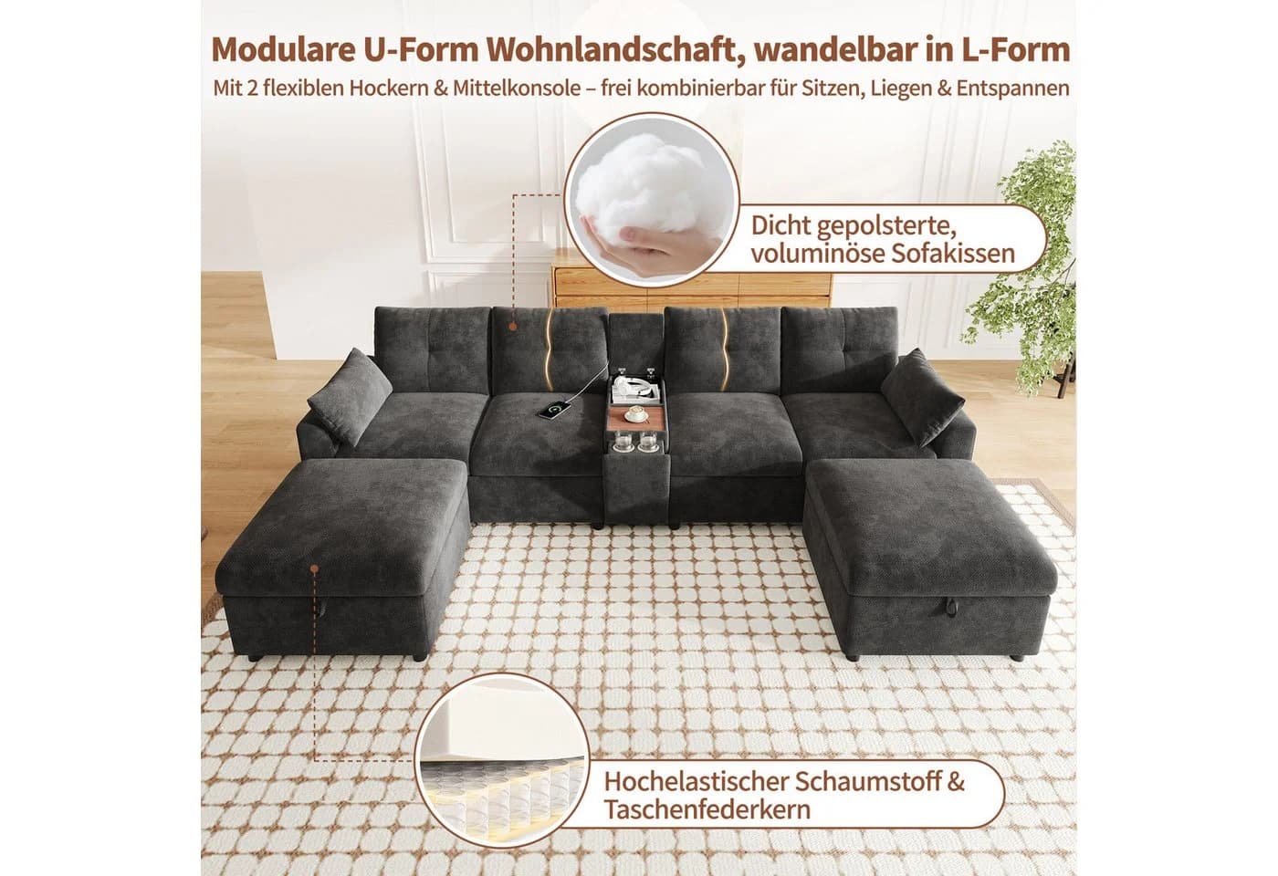 i@home Modulares Ecksofa 6-Sitzer Grau mit Konsole & Stauraum - Bild 3