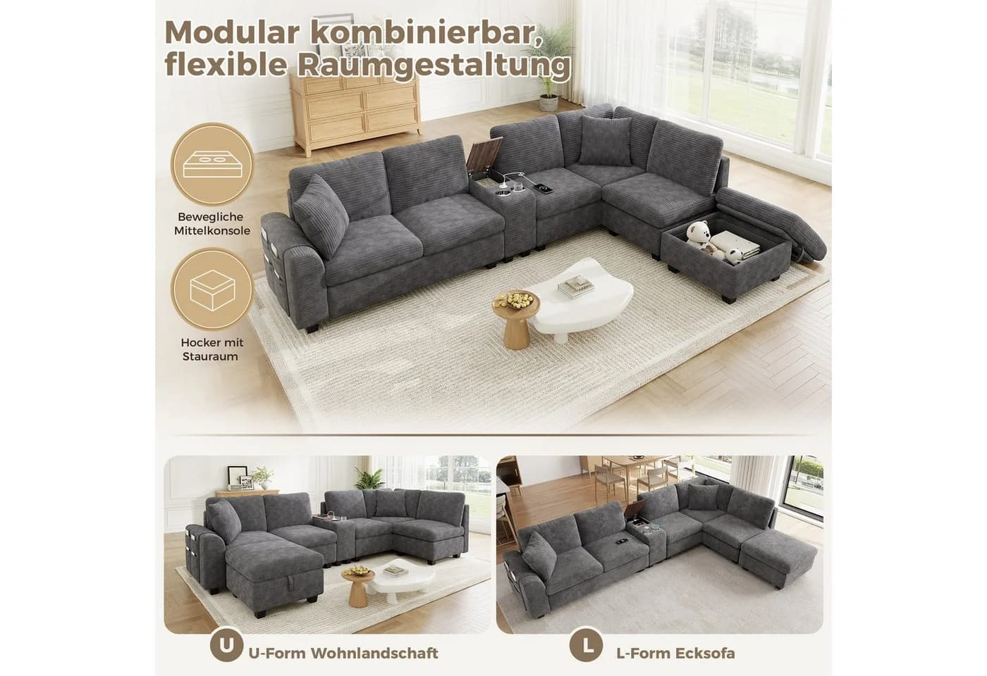 i@home Modulares Ecksofa 6-Sitzer Grau mit USB-Anschluss und Stauraum