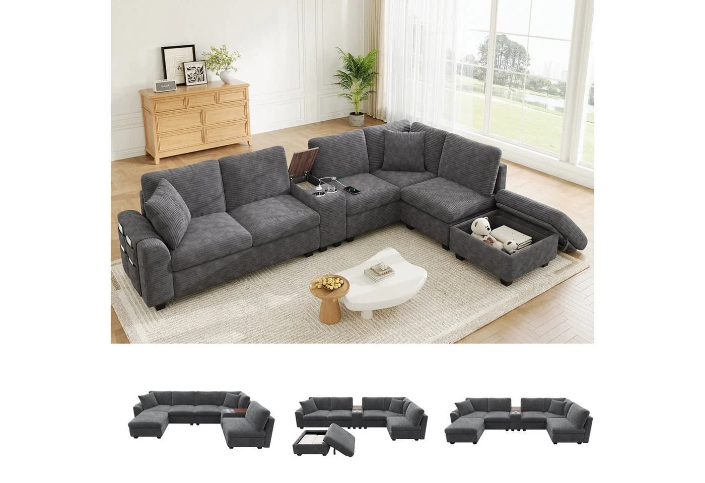 i@home Modulares Ecksofa 6-Sitzer Grau mit USB-Anschluss und Stauraum - Bild 2
