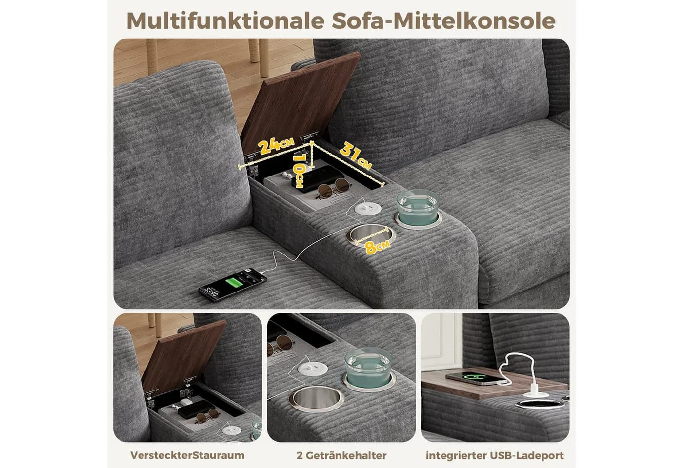i@home Modulares Ecksofa 6-Sitzer Grau mit USB-Anschluss und Stauraum - Bild 3