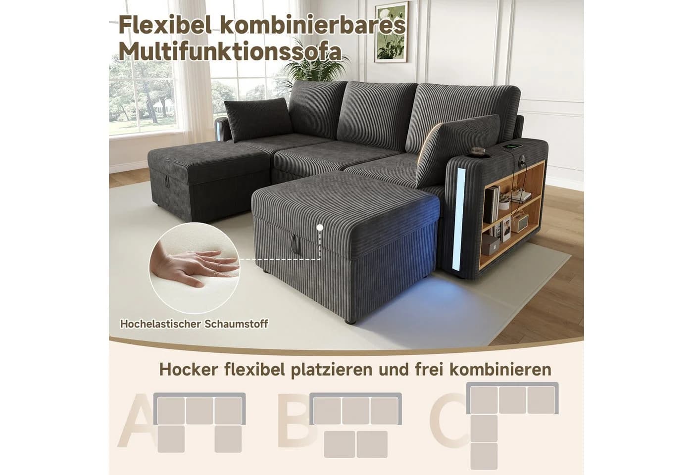 i@home Ecksofa Grau Modulares Sofa mit LED, USB & Stauraum