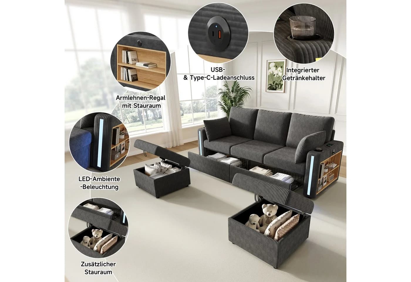 i@home Ecksofa Grau Modulares Sofa mit LED, USB & Stauraum - Bild 3