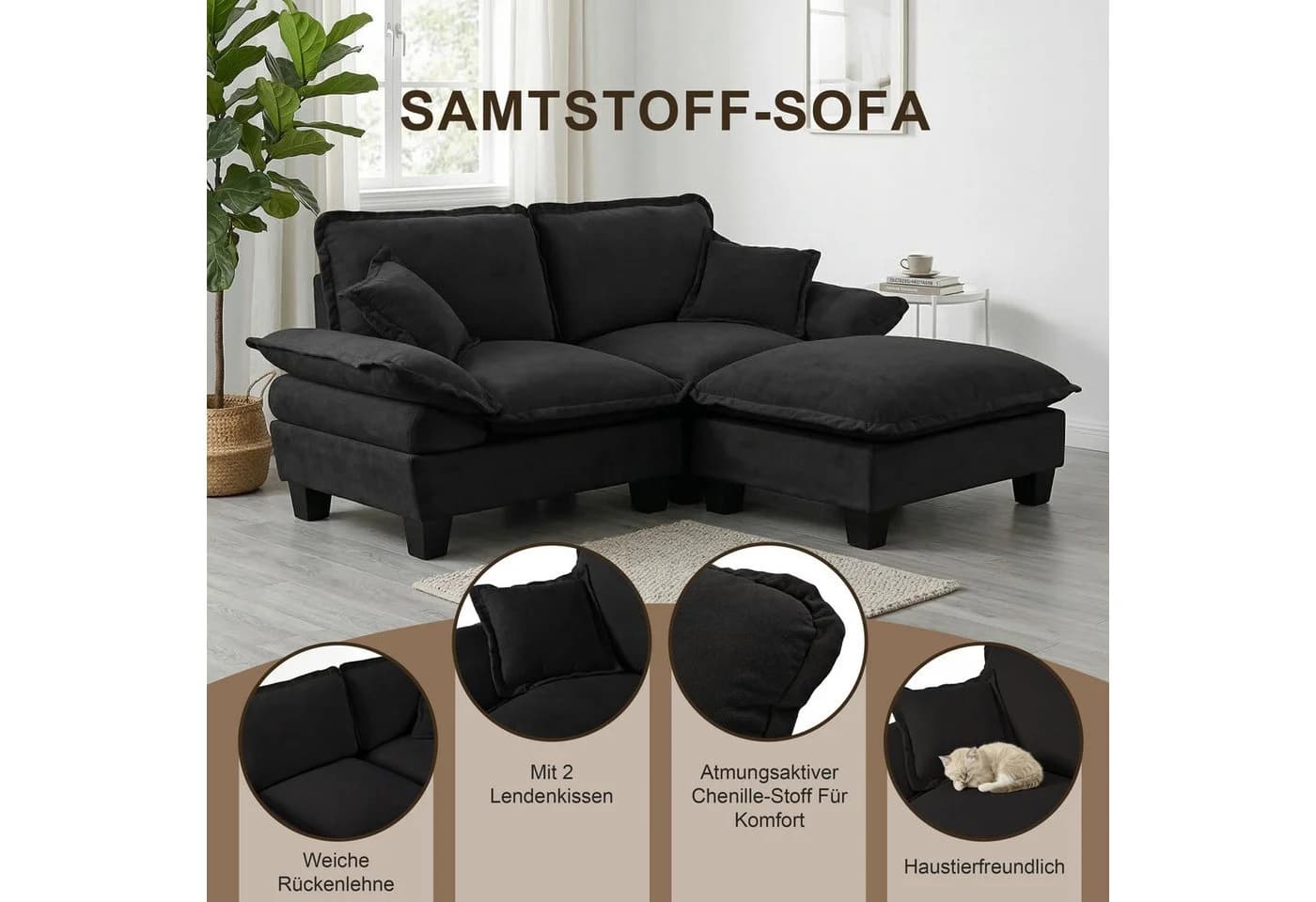 i@home 2-Sitzer Polstersofa Schwarz Chenille Modern